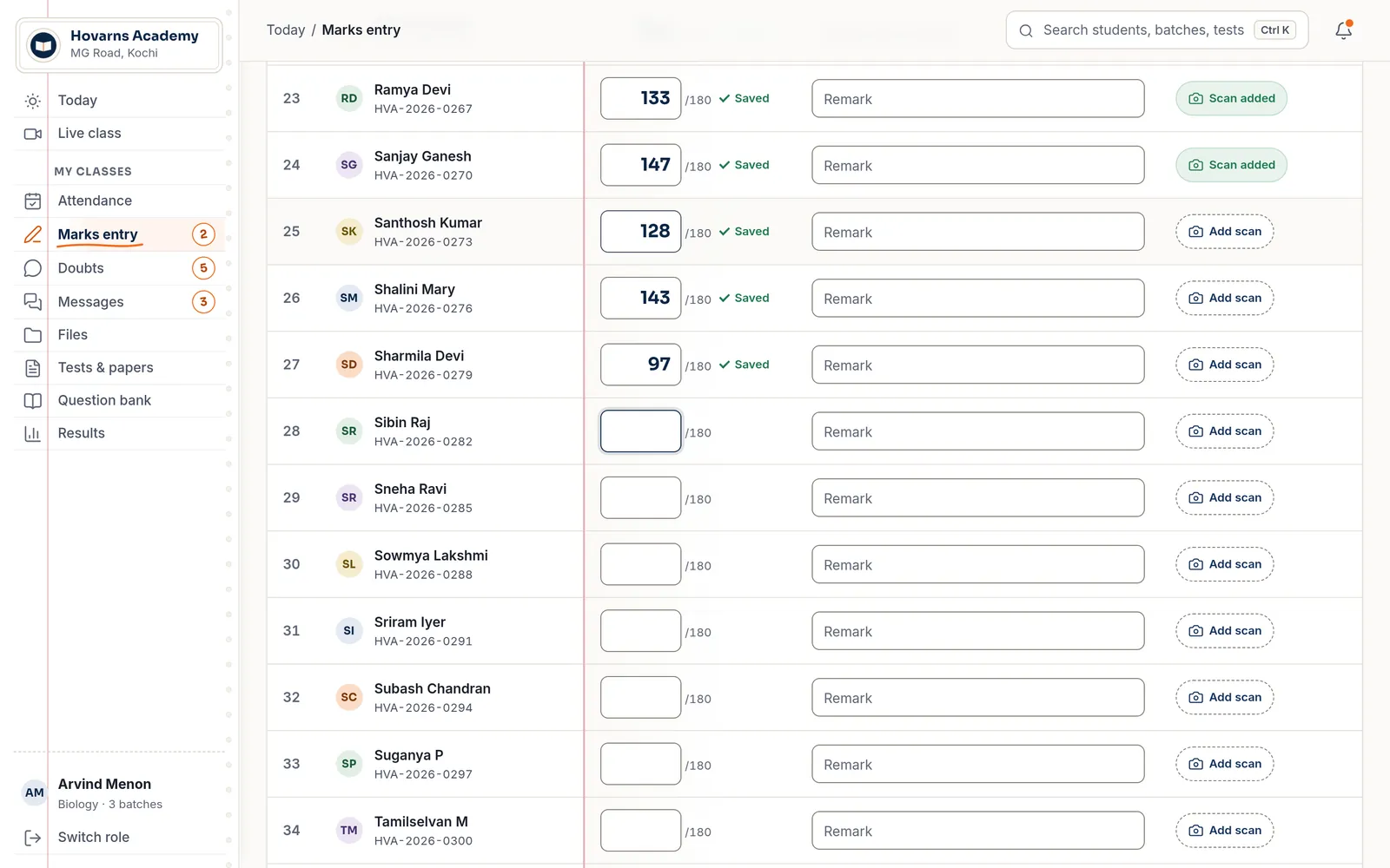 Marks entry for a 180-mark test: marks typed for each student, each row showing Saved.
