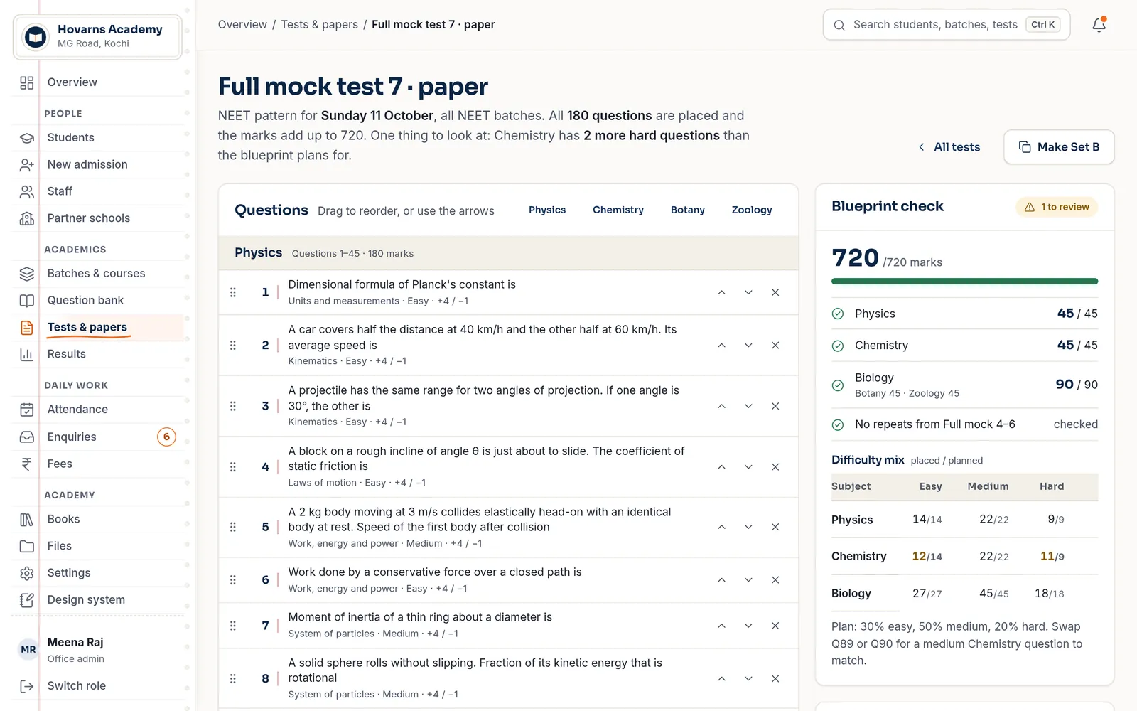 Full mock test 7 paper for Sunday 11 October: 180 questions placed, blueprint check 720 of 720.
