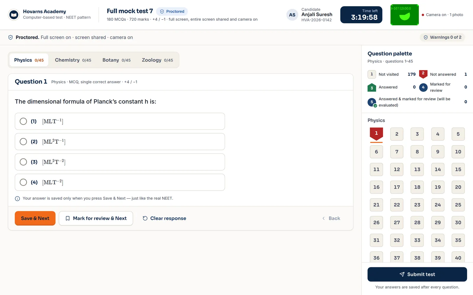 The proctored exam screen for Full mock test 7: question palette, timer, camera on, warnings 0 of 2.
