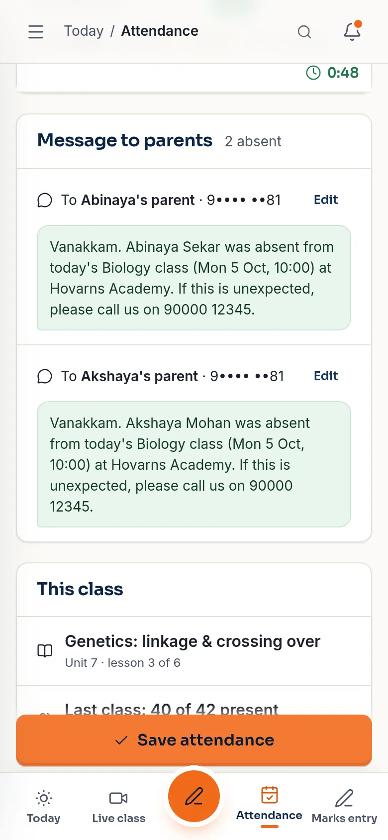Message to parents: a WhatsApp note to Abinaya's and Akshaya's parents that they missed the 10:00 Biology class.