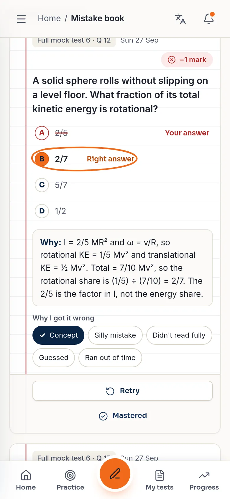A mistake book card: a rolling-sphere question, her wrong answer, the right answer circled, and the explanation.