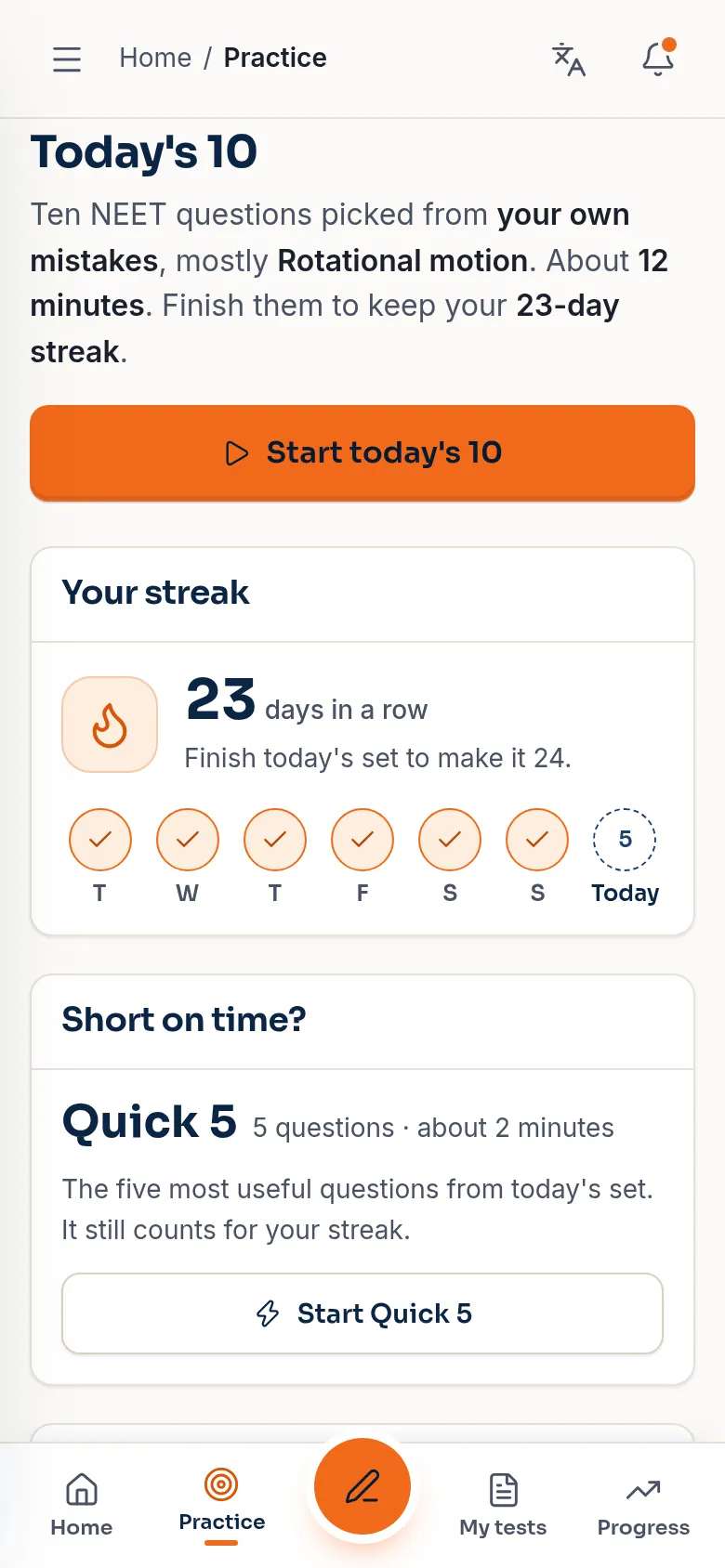 Today's 10: ten NEET questions from Anjali's own mistakes, mostly rotational motion, and a 23-day streak.