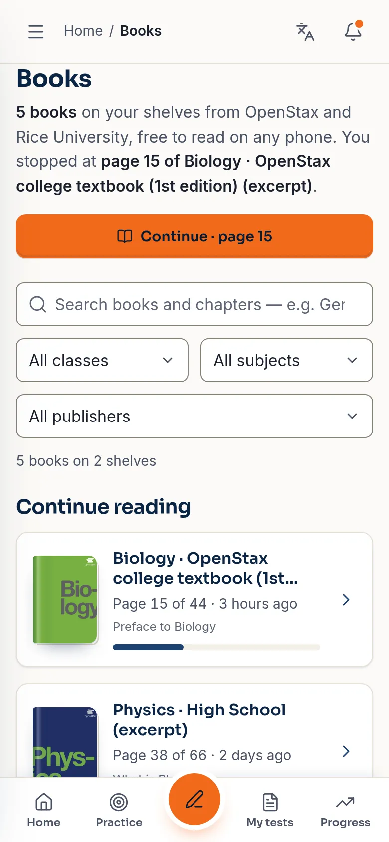Books: continue reading Biology at page 15, with shelves of open textbooks.