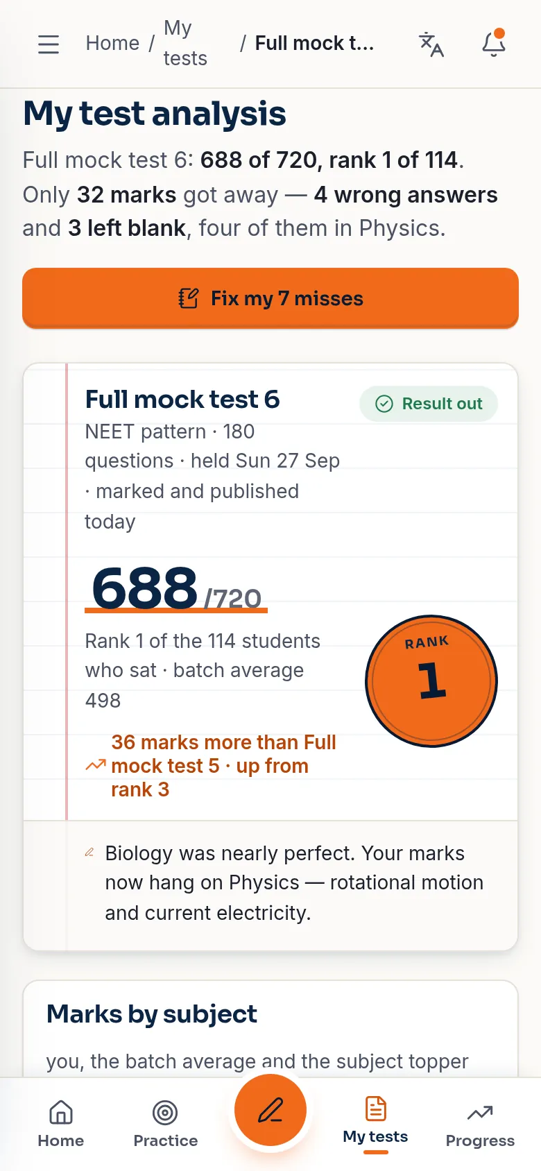 My test analysis: 688 of 720, rank 1 of 114, and where 32 marks got away.