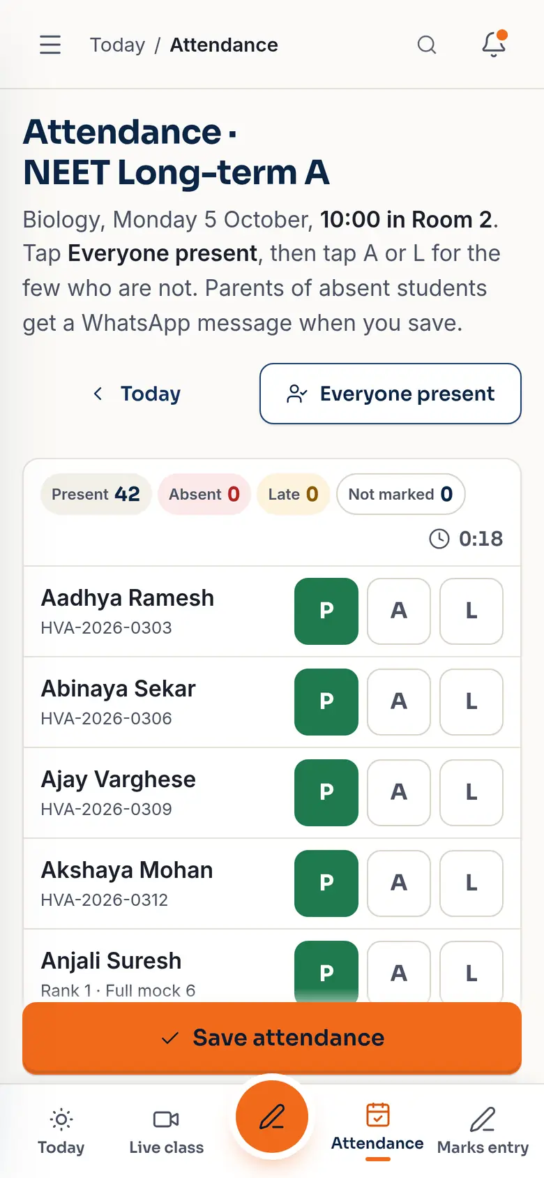 Attendance sheet for Biology, NEET Long-term A, with P, A and L buttons for each student.