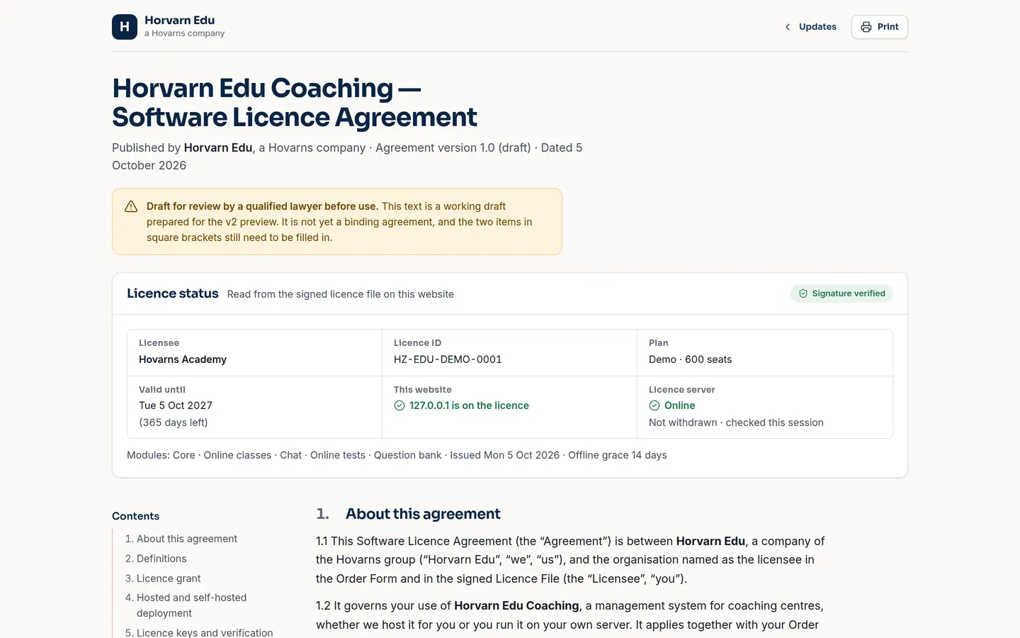 Licence page showing the licence status for the demo academy, signature verified.