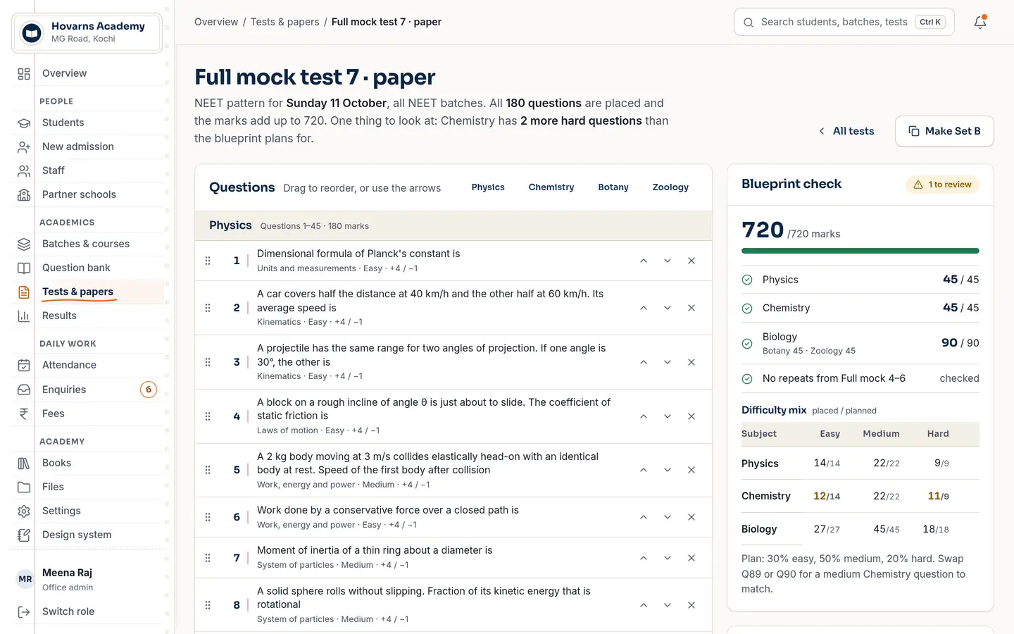 Paper builder for Full mock test 7: 180 questions placed, blueprint check showing 720 out of 720 marks.