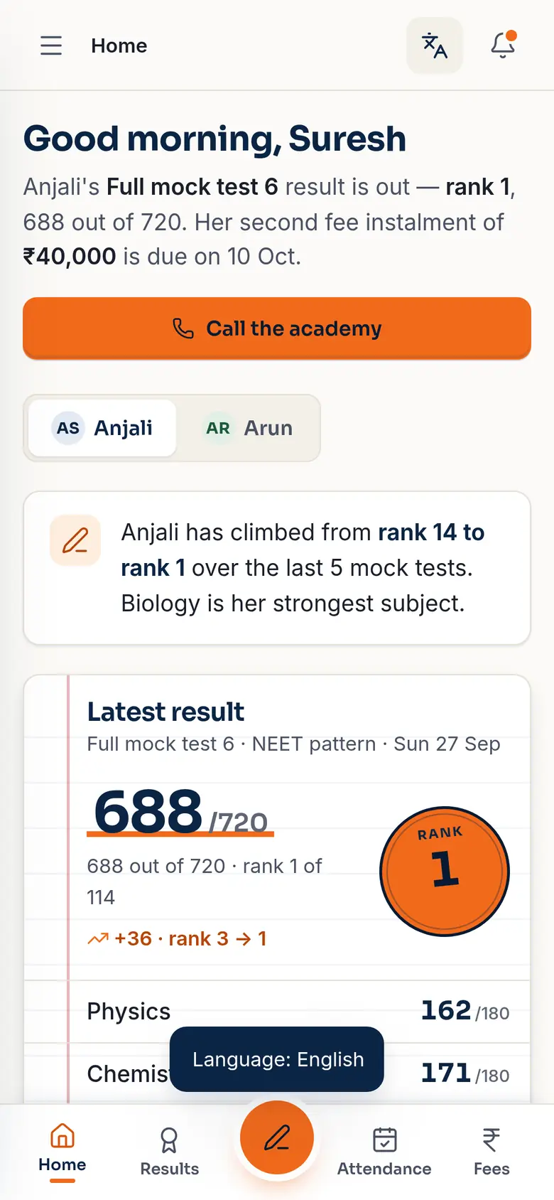 Parent home in English: Good morning, Suresh — latest result 688 out of 720, rank 1, second fee instalment due 10 October.