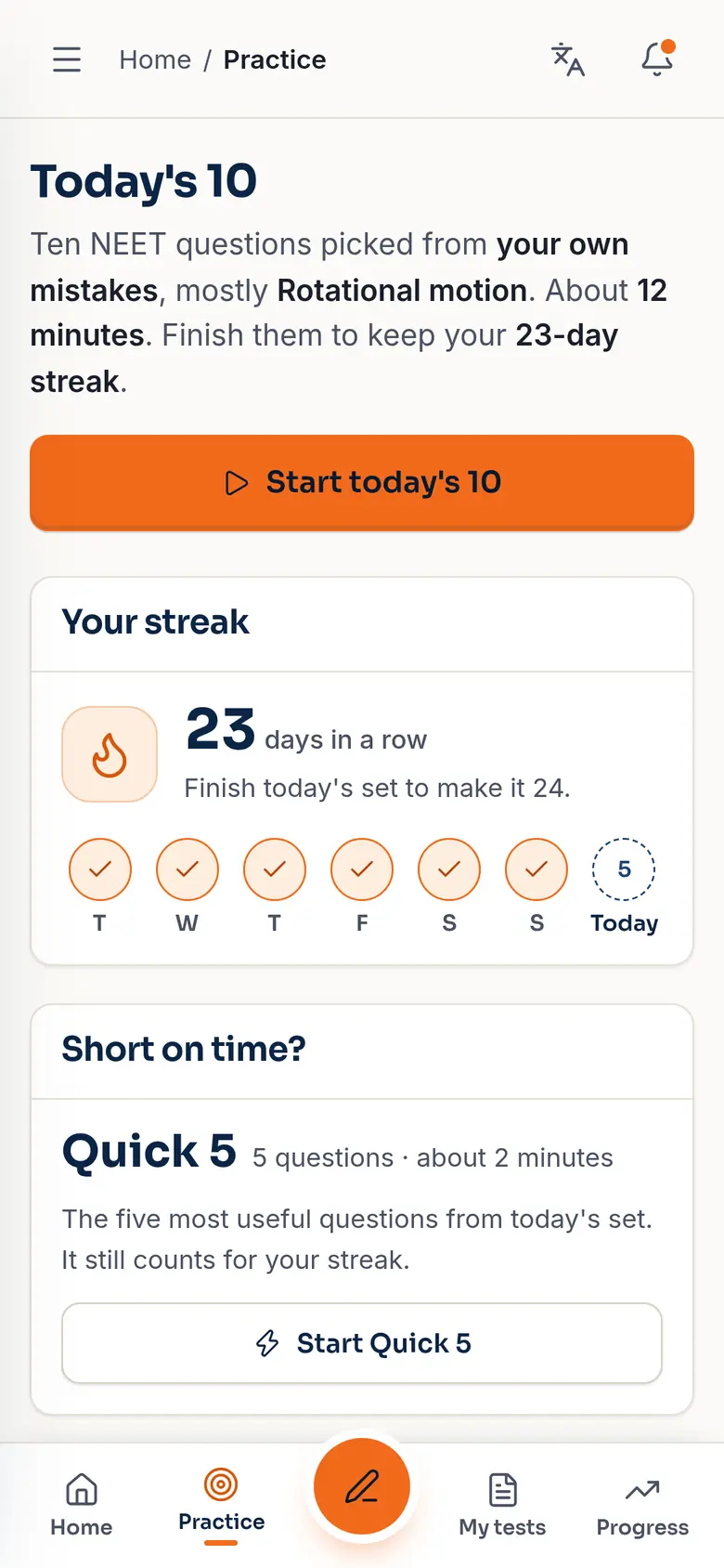 Today's 10: ten NEET questions picked from the student's own mistakes, a 23-day streak.