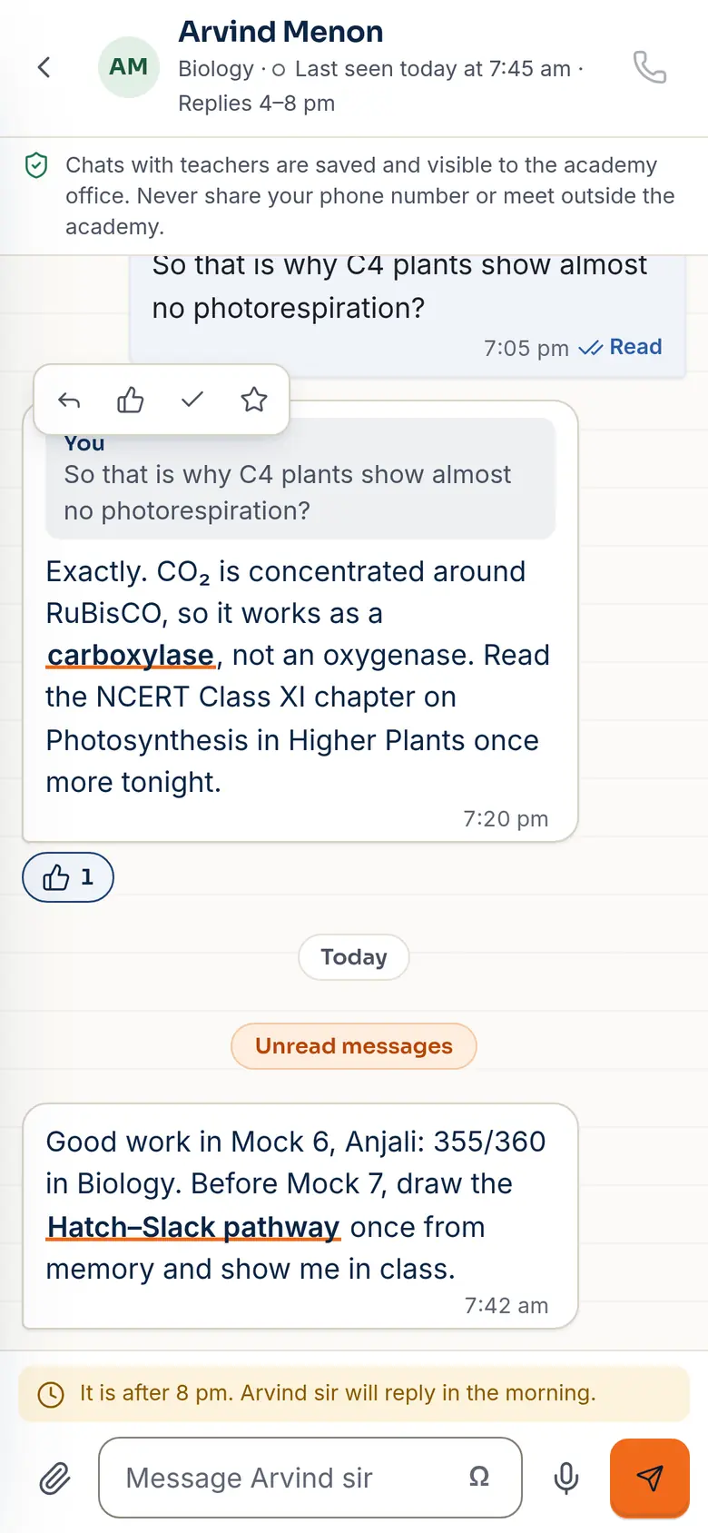 Student chat with teacher Arvind Menon about C4 plants, with a note that chats are saved and visible to the office.