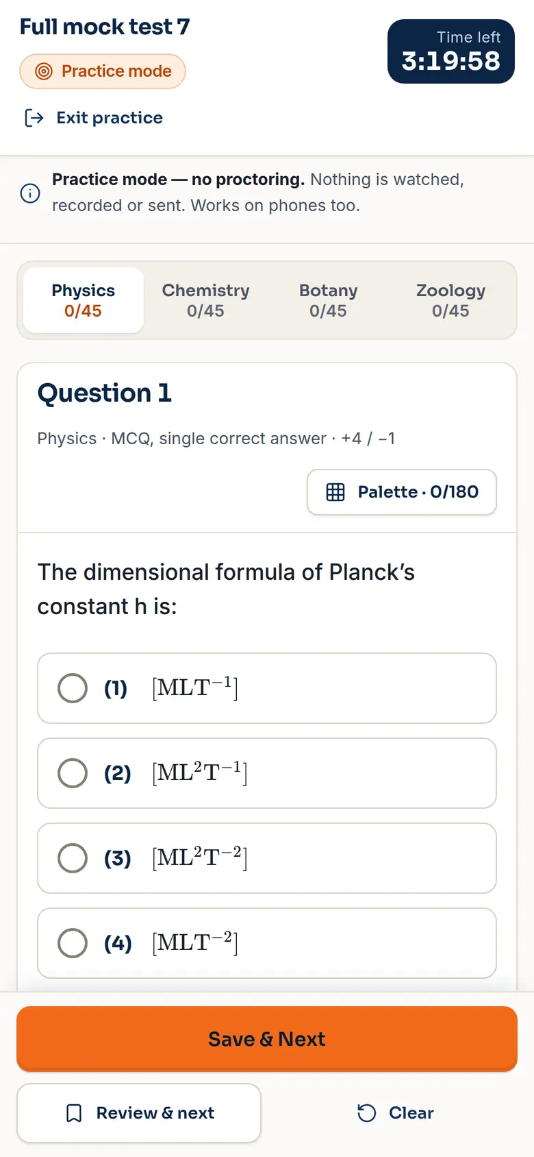 Exam mode on a phone: Full mock test 7, question 1, time left 3:19:58.