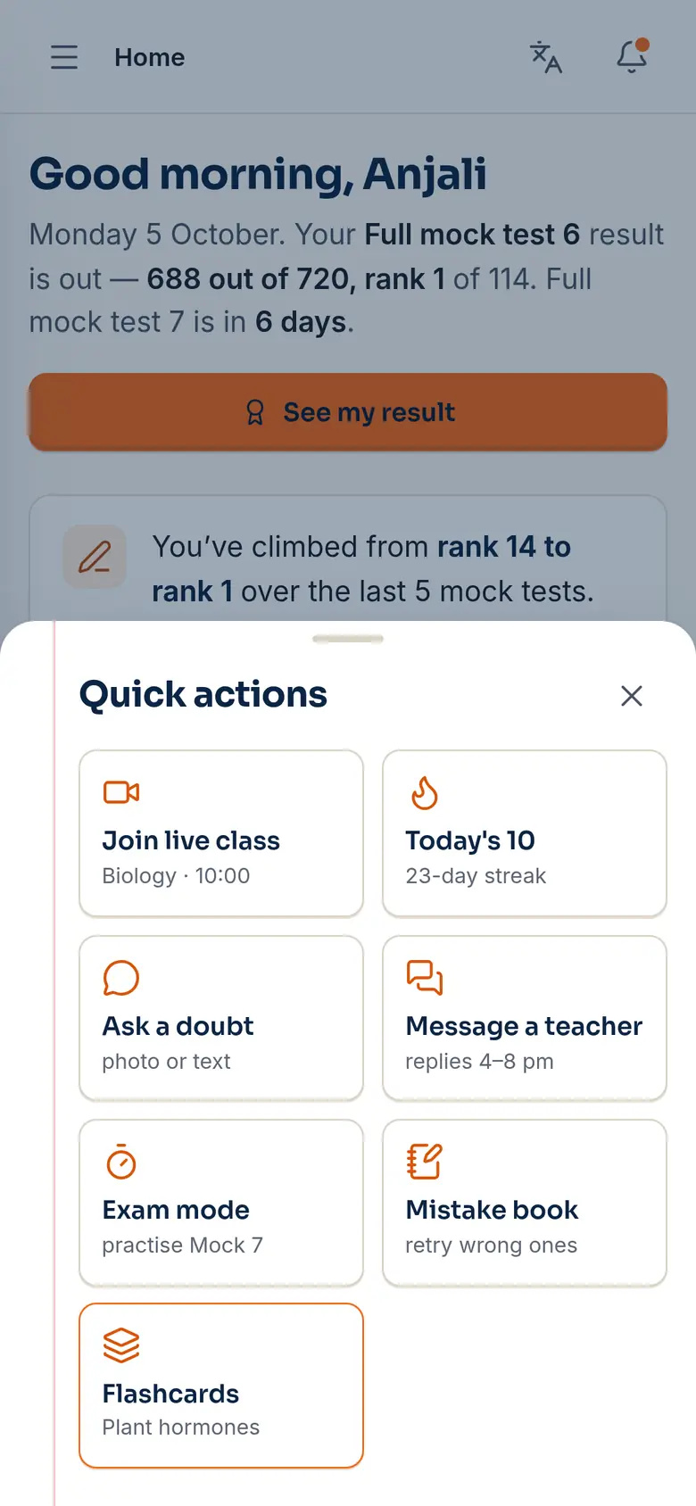 Quick actions sheet: join live class, Today's 10, ask a doubt, message a teacher, exam mode, mistake book, flashcards.