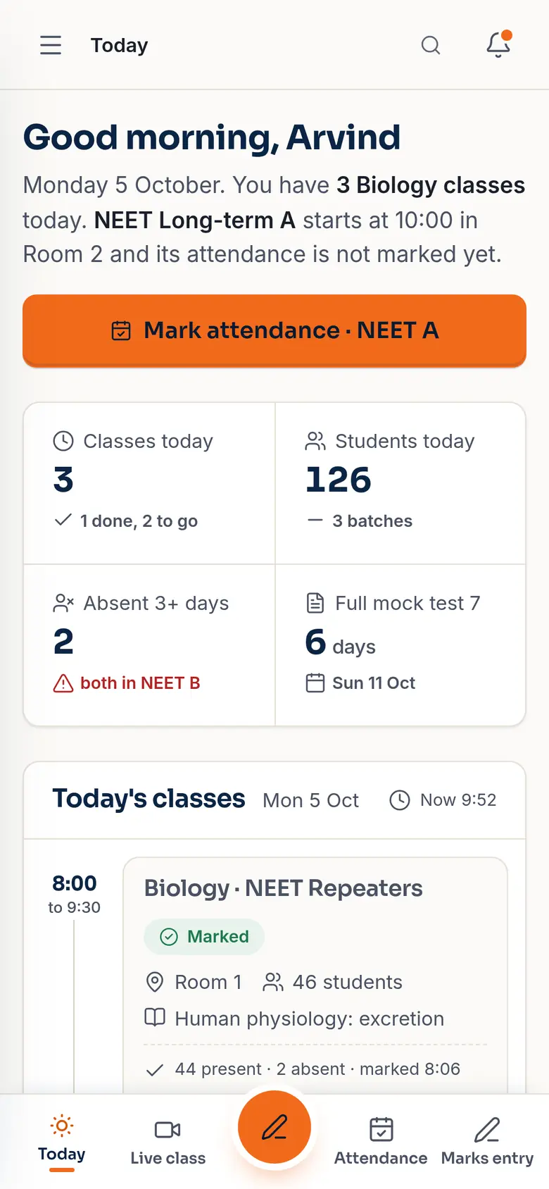 Teacher's Today screen: three classes today, 126 students, a Mark attendance button for NEET A.