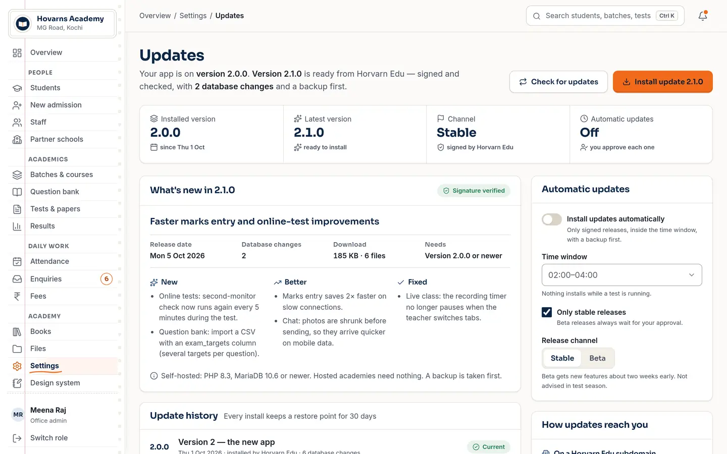 The updates page in the demo: version 2.1.0 ready, signature checked.